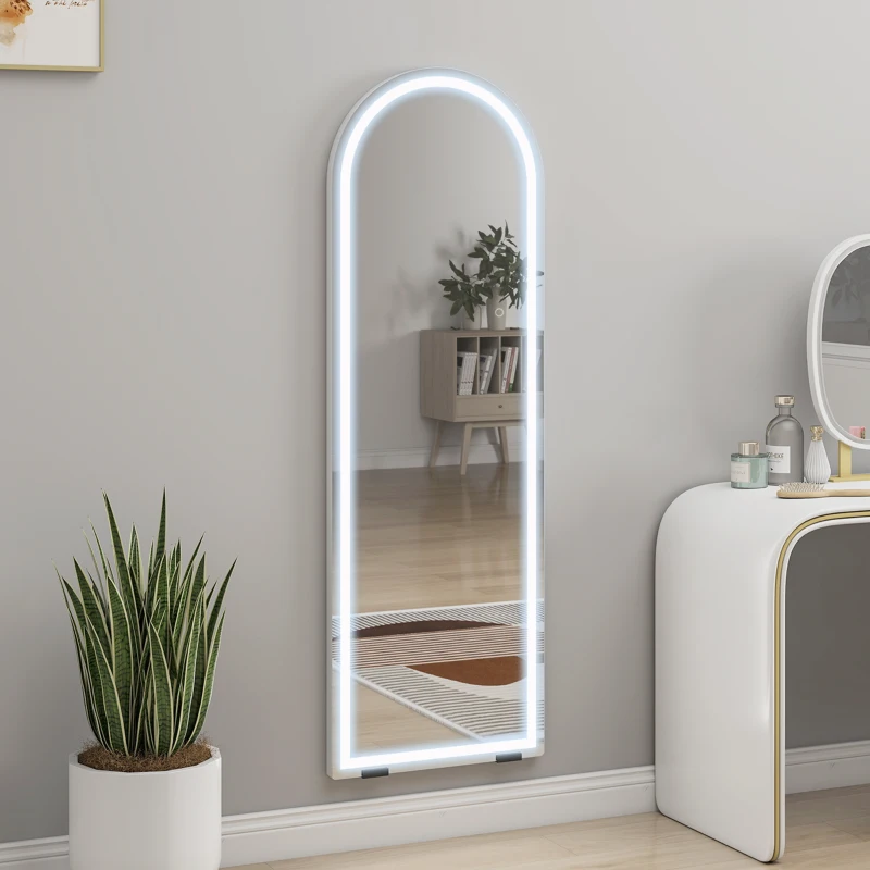 HOMCOM Espejo de Pie Cuerpo Entero con Luces 150x50cm Arqueado sin Marco 3 Temperaturas de Color Brillo Ajustable Transparente