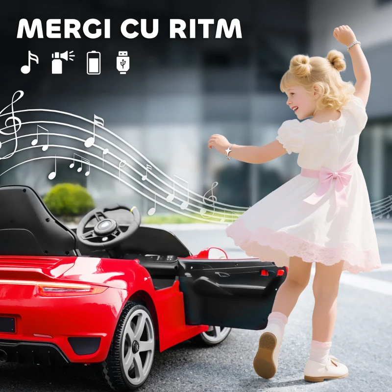 AIYAPLAY Mașină pentru Copii 3-5 Ani cu Licență Oficială RUF GT, Telecomandă, Centură de Siguranță și Muzică, Roșu