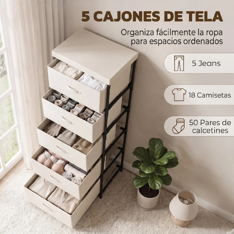 HOMCOM Cómoda para Dormitorio con 5 Cajones de Tela Marco de Acero Cajonera para Salón Oficina Vestidor Beige