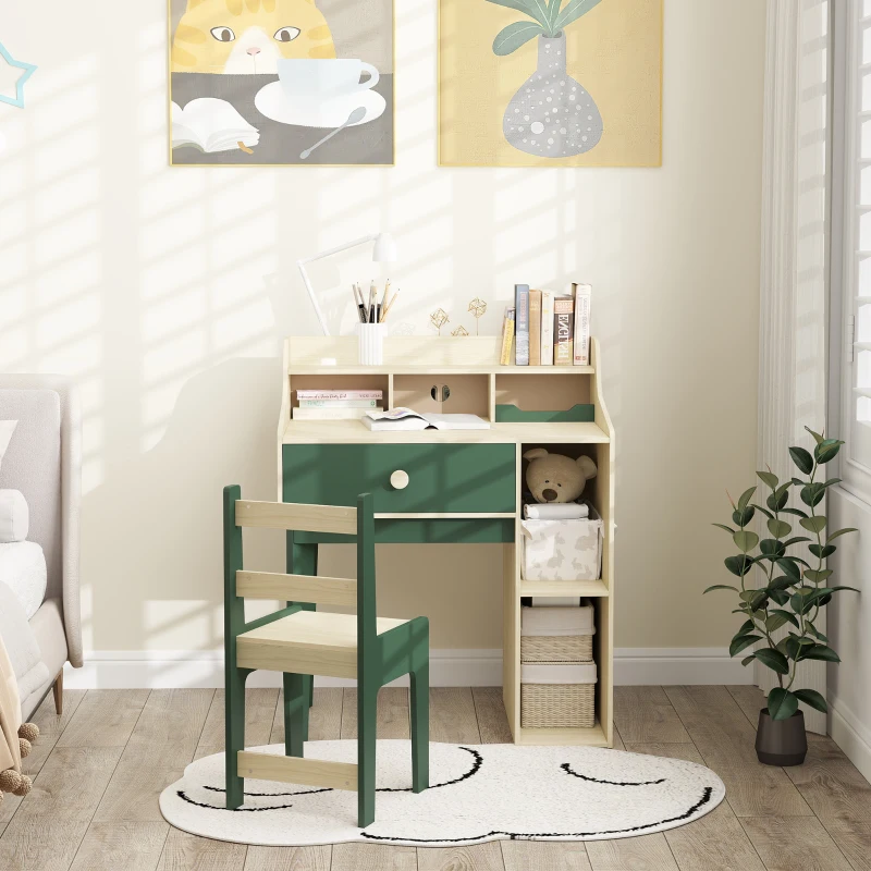 AIYAPLAY Kids Desk and Chair Set with Storage Shelves and Drawer, Green