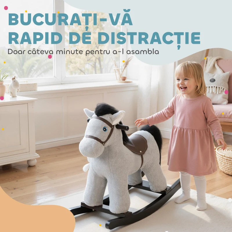 AIYAPLAY Cal Balansoar cu Sunete pentru Copii 2-5 Ani și Animăluț Inclus, Lemn și Oțel, Gri
