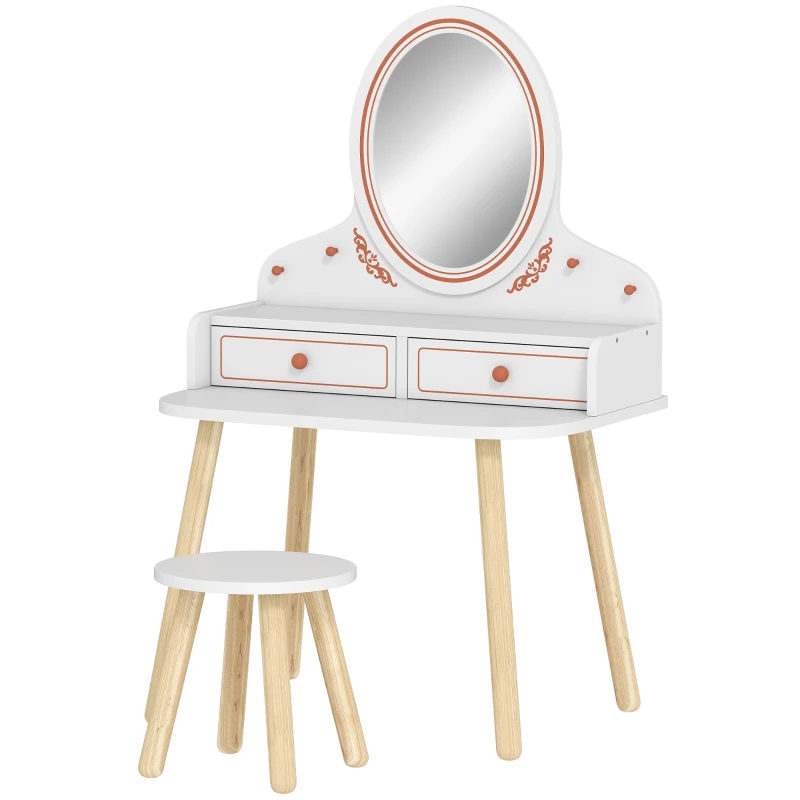 AIYAPLAY Kinder schminktafel set kaptafel met kruk spiegel lades kledingstangen voor 3-8 jaar 56 x 38 x 87,8 cm Wit