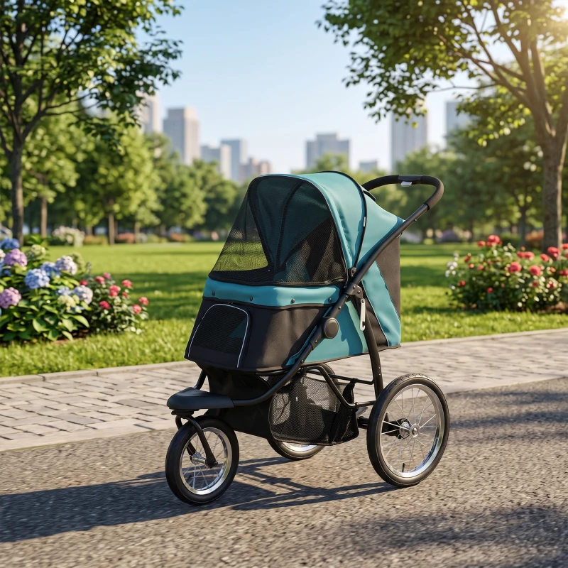 PawHut Foldable Pet Stroller Jogger, with Three Wheels, Canopy, for Medium and Small Dogs, Green