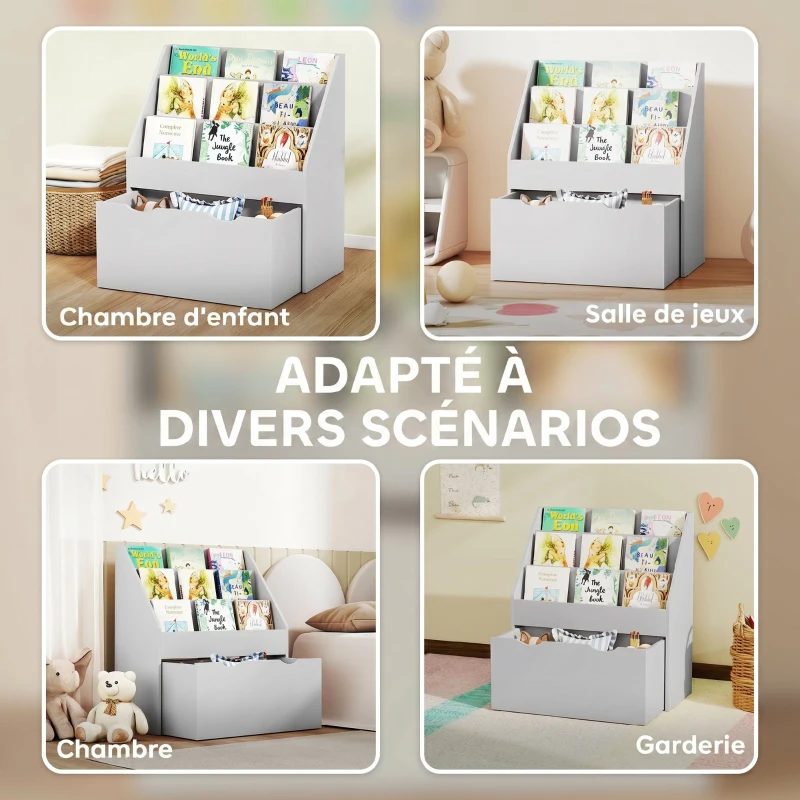 AIYAPLAY Bibliothèque pour enfants Multi-Rangement avec 3 niveaux d'étagères et un tiroir, 62,5L x 30l x 70H cm, gris