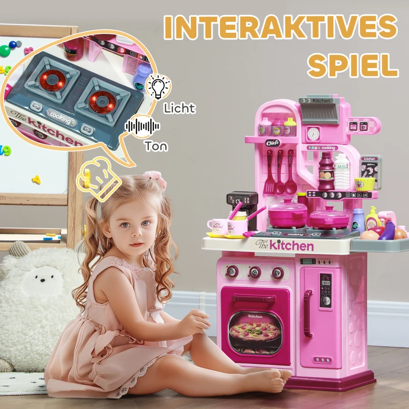 AIYAPLAY Speelkeuken, 33-delig Set, Licht- & Geluidseffecten, voor Kinderen 3-6 Jaar, Roze(m-4)