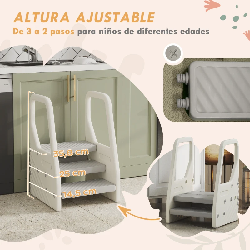 AIYAPLAY Taburete para Niños Ajustable de 2 a 3 Peldaños Torre de Aprendizaje Escalera para Niños de 2-5 Años Gris