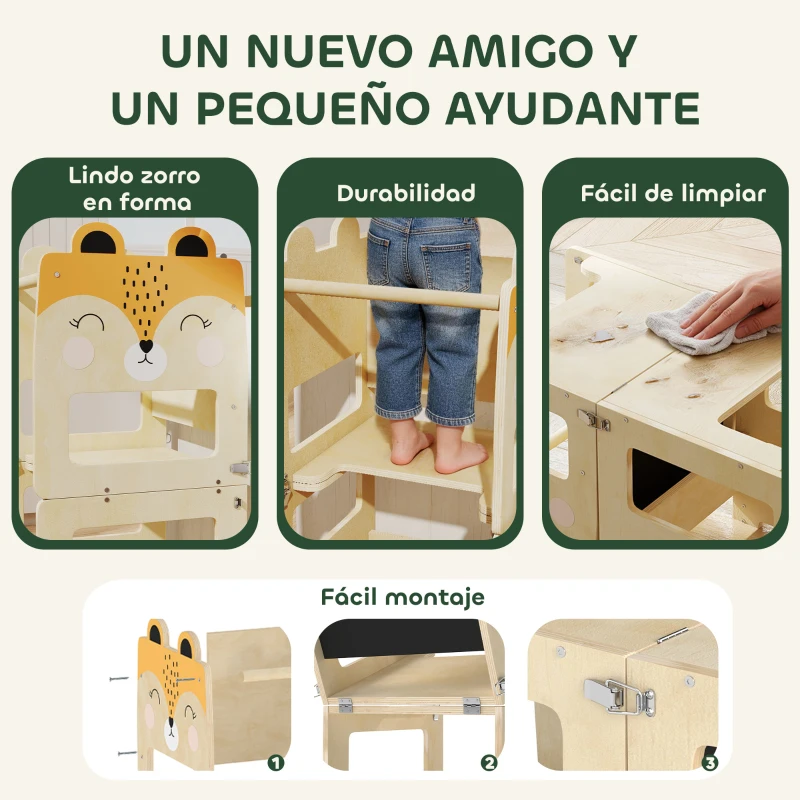 AIYAPLAY Torre de Aprendizaje 3 en 1 Plegable Convertible en Escritorio y Silla con Pizarra Dibujos de Zorros Natural