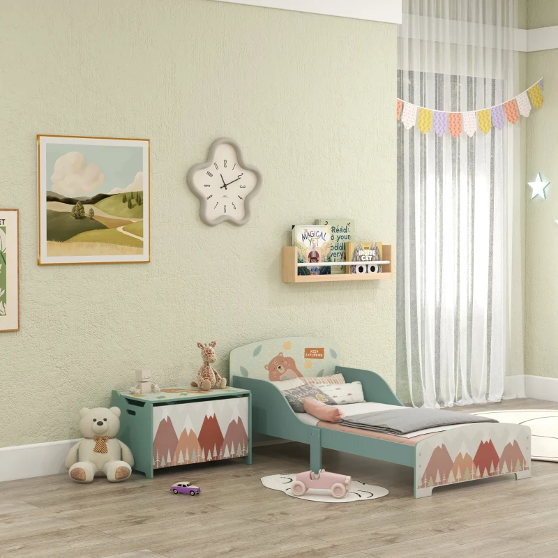 ZONEKIZ Conjunto para Niños Incluye 1 Cama Infantil Carga Máx. 40 kg 143x77x60 cm y 1 Baúl de Almacenamiento 60x37x39 cm Verde