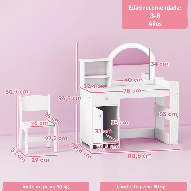 AIYAPLAY Tocador de Maquillaje Niña Tocador Infantil con Taburete y Espejo con Luces LED 1 Cajón Armario y 5 Estantes Blanco