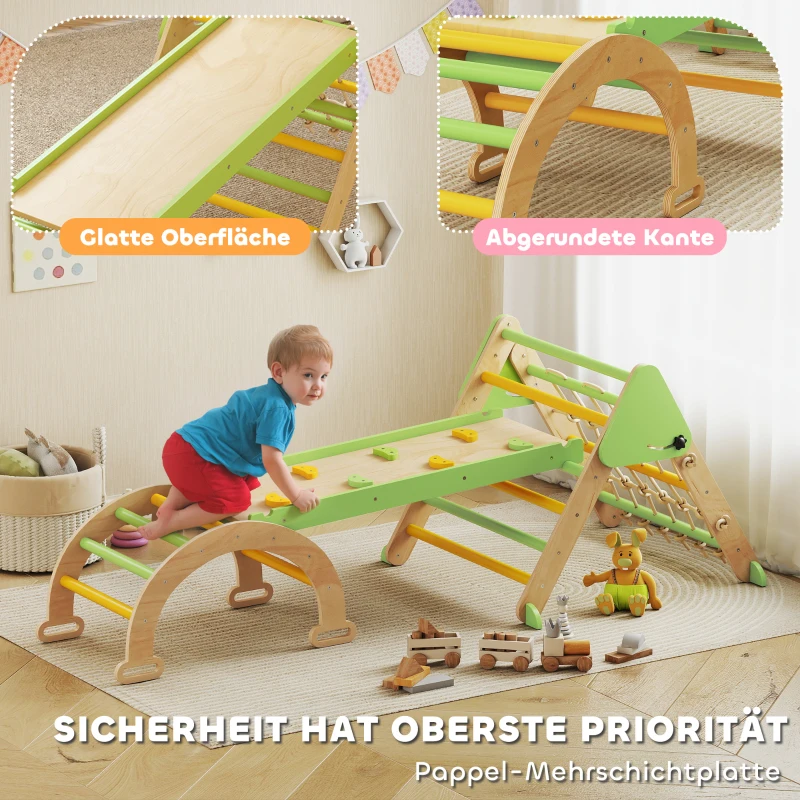 AIYAPLAY 8-in-1 Montessori klimrek voor binnen houten klimdriehoek met klimboog, dubbelzijdige glijbaan, Groen