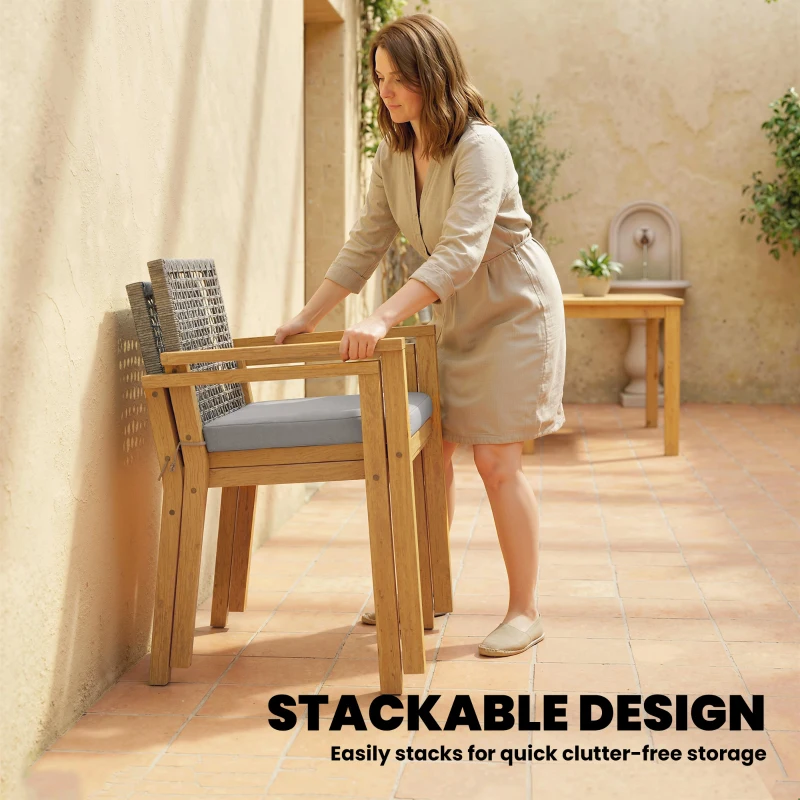 Outsunny Gartenstühle 2er Set FSC Akazienholz Stapelbar Holzstühle mit Rattan-Rückenlehne abnehmbaren Kissen Armlehne