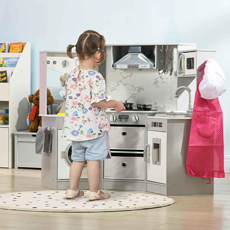 AIYAPLAY Cuisine enfant en bois avec 17 accessoires légumes en plastique boutons et lumières toque 3-6 ans gris blanc