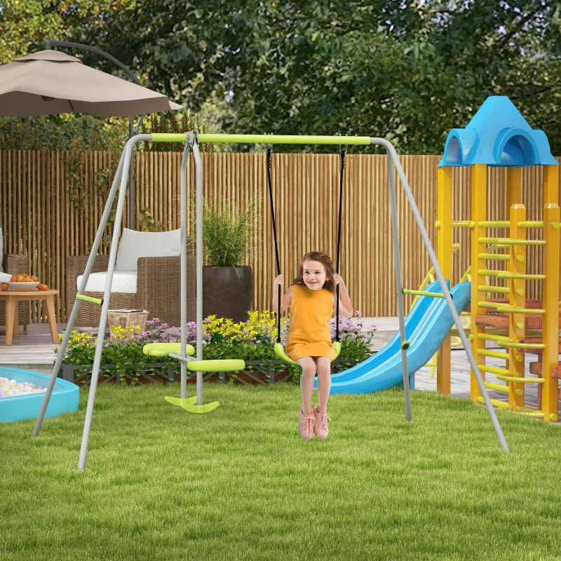 Outsunny Columpio para Niños Columpio Jardín Exterior con 1 Columpio Simple 1 Planeador y Anti-UV 255x160x180 cm Gris y Verde