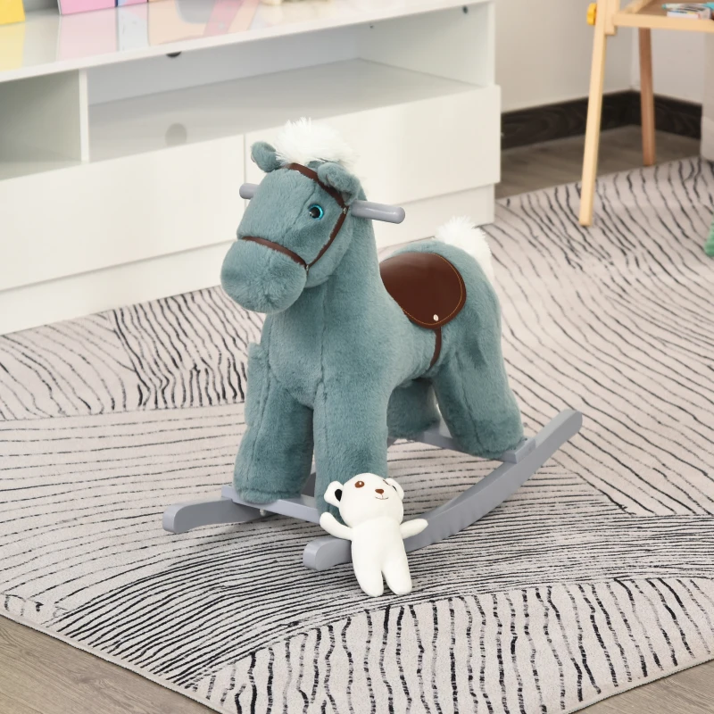 HOMCOM Cavallo a Dondolo per Bambini in Peluche e Legno con Suoni e Orsetto Incluso, per Bimbi da 18-36 Mesi, 65x26x55cm, Blu