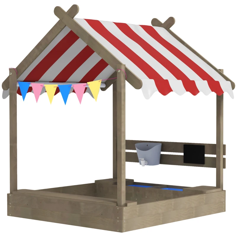 Outsunny House-Designed Wooden Sandbox, Outdoor Sandpit, with Blackboard, Toys, Sink, Seats, Flags, for Ages 3-7 Years - Grey