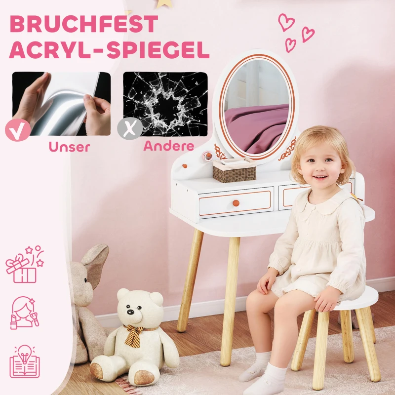 AIYAPLAY Kinder schminktafel set kaptafel met kruk spiegel lades kledingstangen voor 3-8 jaar 56 x 38 x 87,8 cm Wit