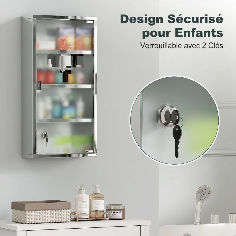 HOMCOM Armoire à Pharmacie 3 étagères 4 Niveaux 30L x 12l x 60H cm Porte Verre trempé Symbole Croix Acier Inoxydable brossé