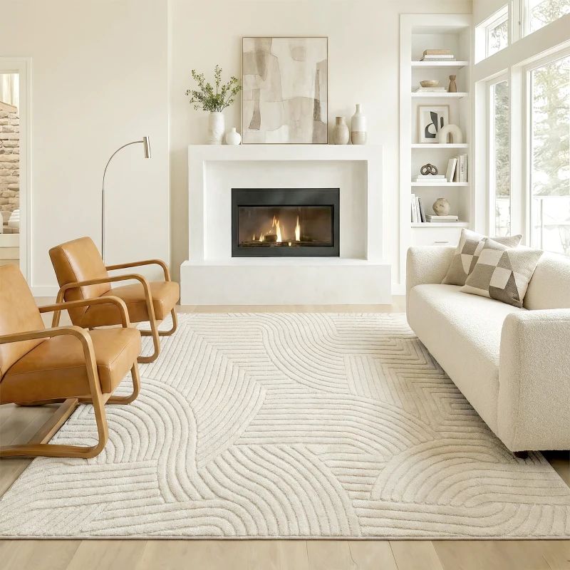 HOMCOM Tapis salon 200 x 140 cm, tapis à poils épais géométrique, moelleux et antidérapant, crème