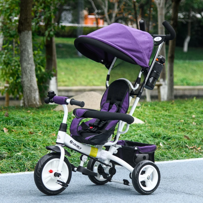 HOMCOM Triciclo Evolutivo para Bebés de +12 Meses 2 em 1 com Toldo Dobrável Guiador Cinto de Segurança e Cesto 95x50x106 cm Roxo