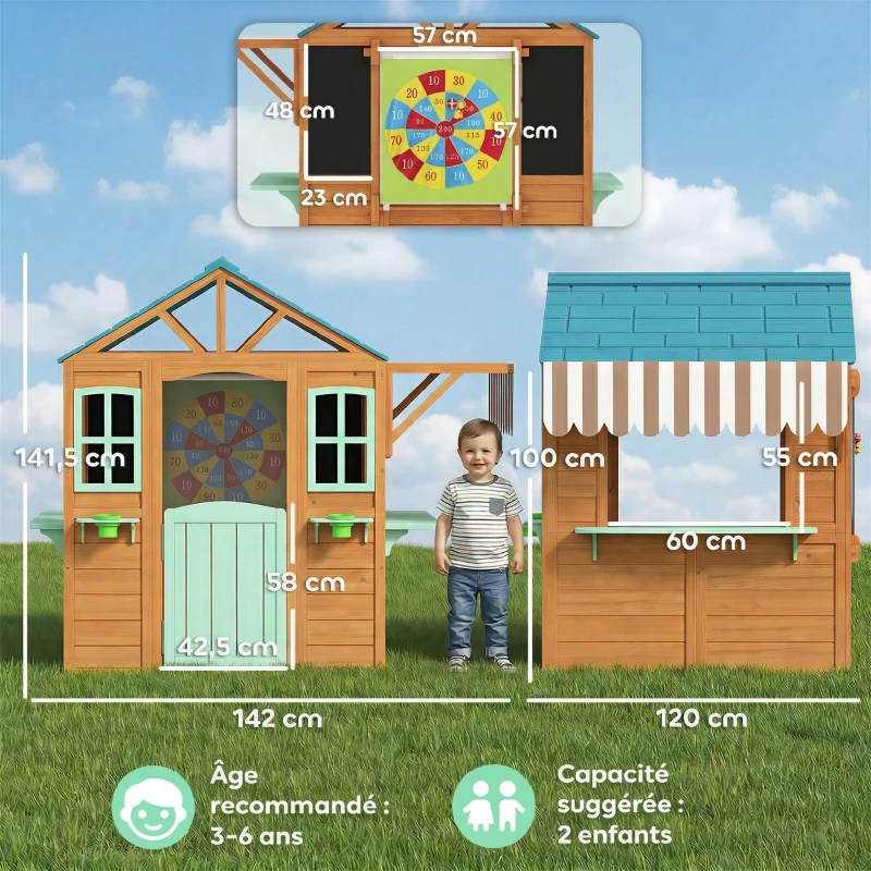 AIYAPLAY Cabane enfant extérieur en bois, maison enfant extérieure, porte-pots, tableau noir, jeu de lancer 4 balles, multicolore