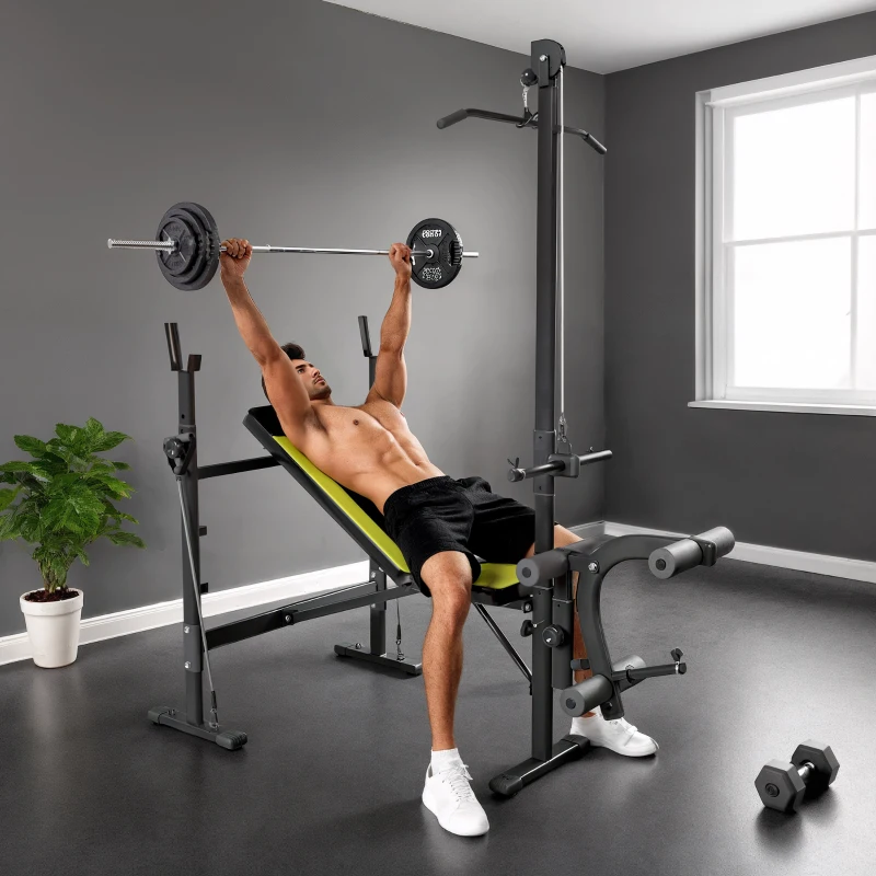 HOMCOM Banco de Pesas Multifuncional con Entrenador de Polea Banco de Musculación Reclinable con Altura Ajustable para Fitness Entrenamiento Completo en Gimnasio y Casa Carga 300 kg Negro