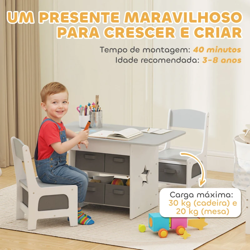 AIYAPLAY Mesa Infantil com 2 Cadeiras Mesa e Cadeiras para Crianças com 6 Gavetas de Tecido Desenho Estrelas Cinza Claro