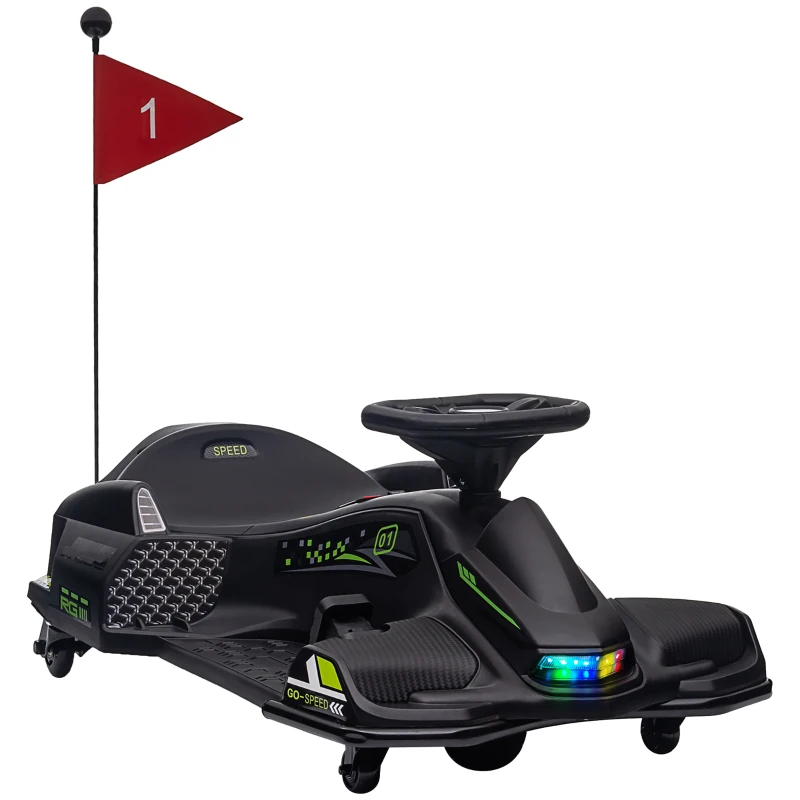 HOMCOM Elektrisches Go-Kart für Kinder, Gummiräder, 3-8 km/h, mit Lichtern und Musikfunktion, Schwarz(m-12)