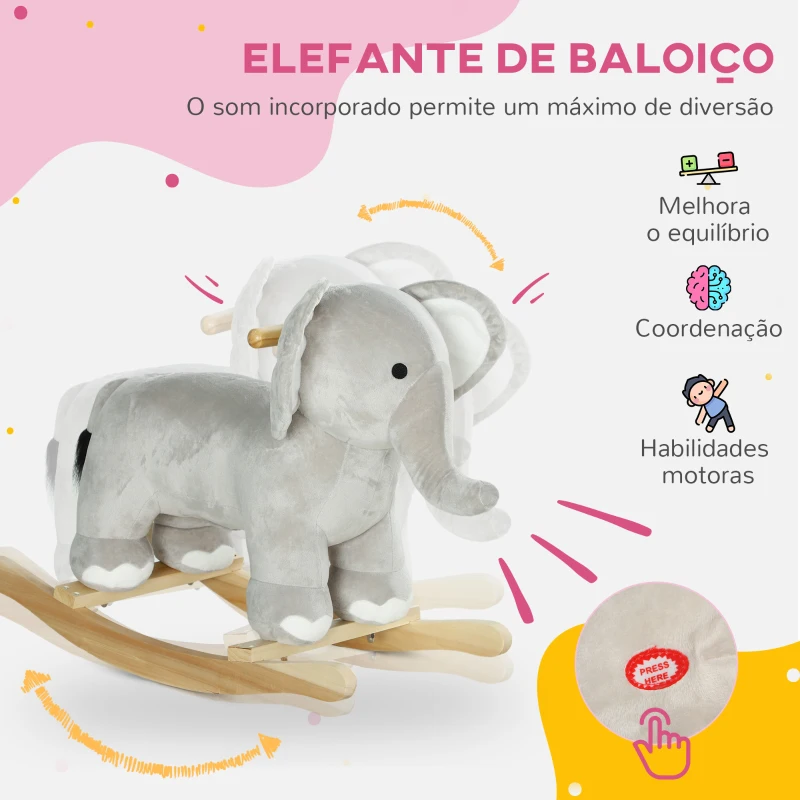 AIYAPLAY Cavalo Baloiço para Crianças Cavalo de Brincar em Forma de Elefante com Som Guiador e Base de Madeira 64,5x31x52 cm Cinzento