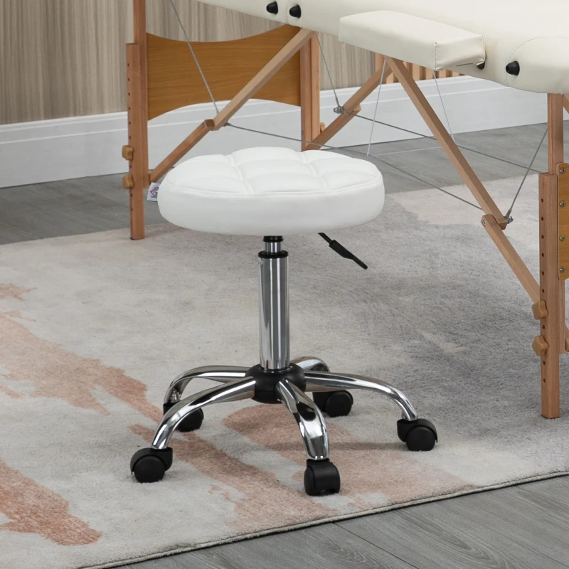 HOMCOM Sgabello Girevole Rotondo con Ruote, Altezza Regolabile e Rivestimento in Finta Pelle, Bianco