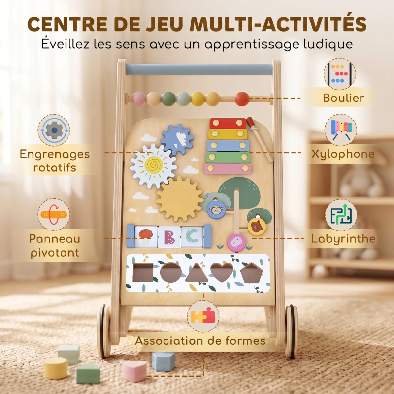 AIYAPLAY Trotteur Bebe en Bois, Chariot de Marche Bébé avec Centre d'Activités, Vitesse Réglable et 5 Blocs, dès 18 Mois, Naturel