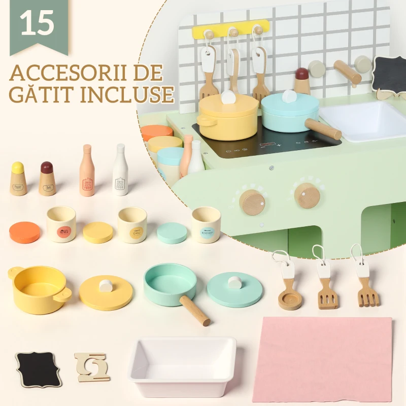 Set Bucătărie de Jucărie din Lemn AIYAPLAY pentru Copii de la 3+ Ani cu 15 Accesorii, Verde