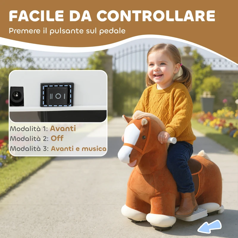 AIYAPLAY Cavallo Elettrico per Bambini con Pedali, Rotelle e Suoni, in Peluche e Metallo, 74x34x51 cm, Marrone