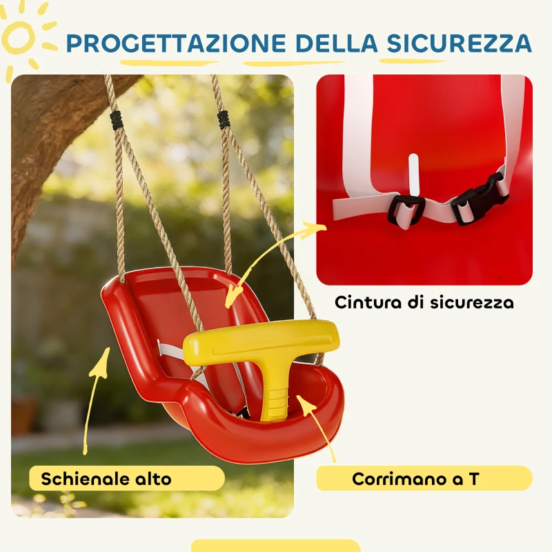 AIYAPLAY Altalena per Bambini 9-36 mesi Regolabile con Corde e Moschettoni, in PE, 28x36x180 cm, Rossa e Gialla