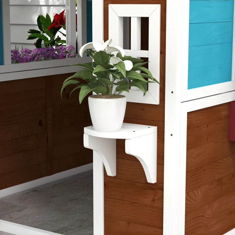 Outsunny Casita de Madera Infantil con Puerta Ventanas Jardineras y Repisas con Detalles de Color 114x126,4x135 cm Marrón Oscuro