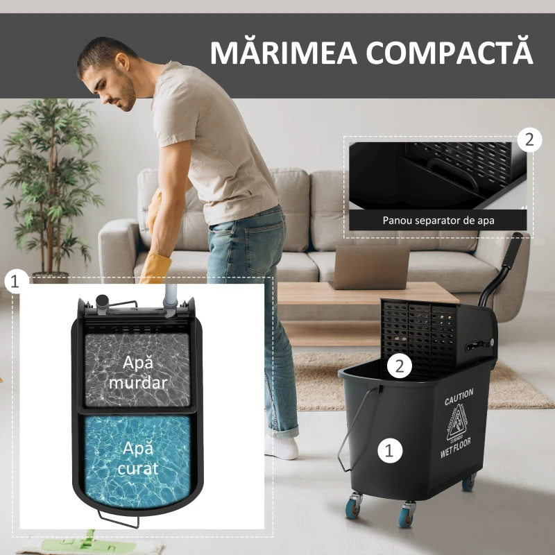 HOMCOM Carucior pentru Curățenie din Plastic PP de 20L cu Găleată și Storcător, 60x27x70.5 cm, Negru