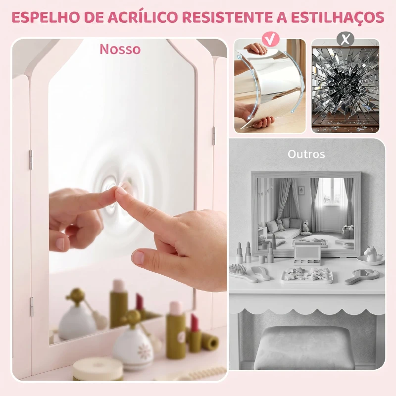 AIYAPLAY Penteadeira Infantil de Maquilhagem com Banco, 3 Espelhos Amovíveis, 2 Gavetas, 2 Armários e 7 Acessórios, Rosa, +3 Anos