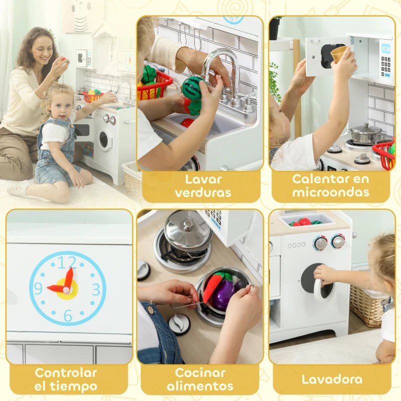 AIYAPLAY Cocina de Juguete de Madera con Sonido y Cortinas Accesorios de Acero Inoxidable para Niños a Partir de 3 Años Blanco