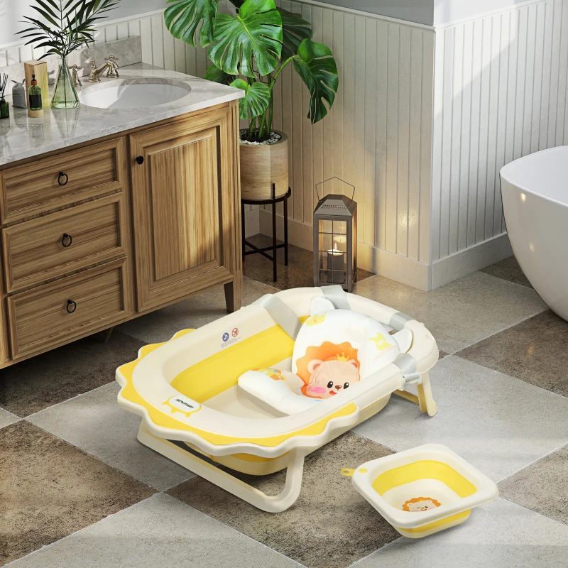 AIYAPLAY Vaschetta Bagnetto Pieghevole per Neonati con Cuscinetto e Lavabo, in Plastica Antiscivolo, 80.5x55x20 cm, Giallo