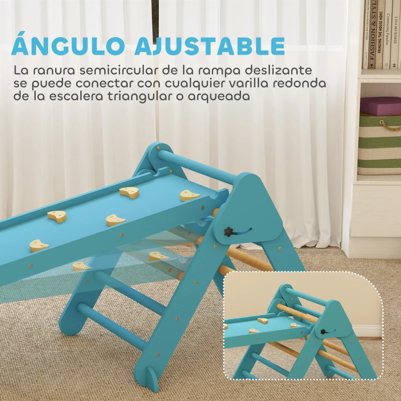 AIYAPLAY 7 en 1 Triángulo de Escalada Montessori de Madera Plegable con Arco y Rampa para Niños de 18-48 Meses 188x70 cm Azul