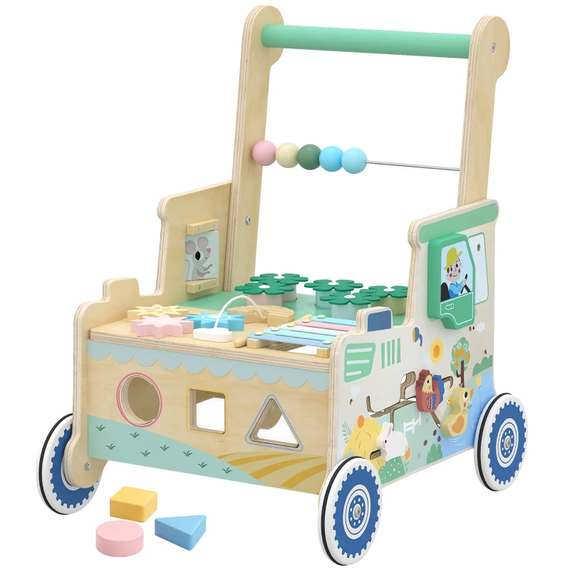 AIYAPLAY Wooden Baby Walker for 1-3 Year, Montessori Inspired Push Along Walker Toys, Multifunctional Activity Centre