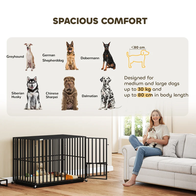 PawHut Heavy Duty Dog Crate, Dog Cage with Wheels for Medium Large Breeds, Metal Pet Kennel with Removable Tray