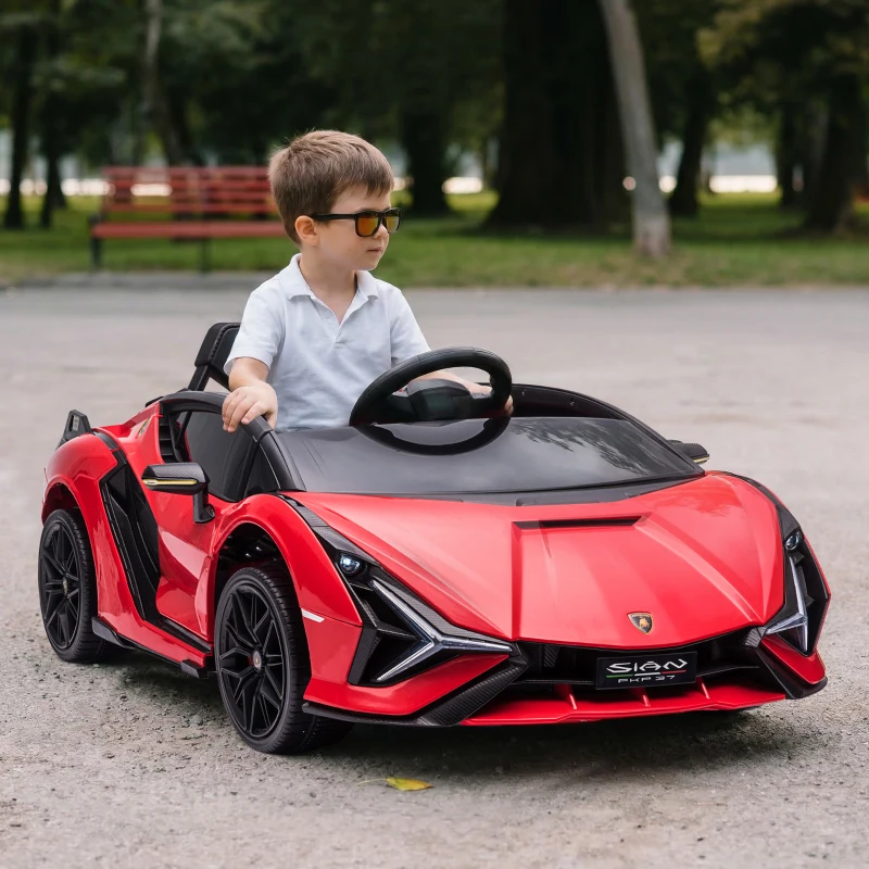 HOMCOM Masina electrica pentru copii 12V Lamborghini cu faruri si muzica, telecomanda si viteza 3-8 km/h, 108x62x40cm, Rosie