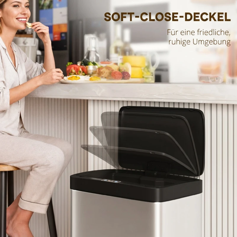HOMCOM Sensorprullenbak 45L met soft-close deksel en bewegingssensor, voor keuken, slaapkamer en kantoor, zilver