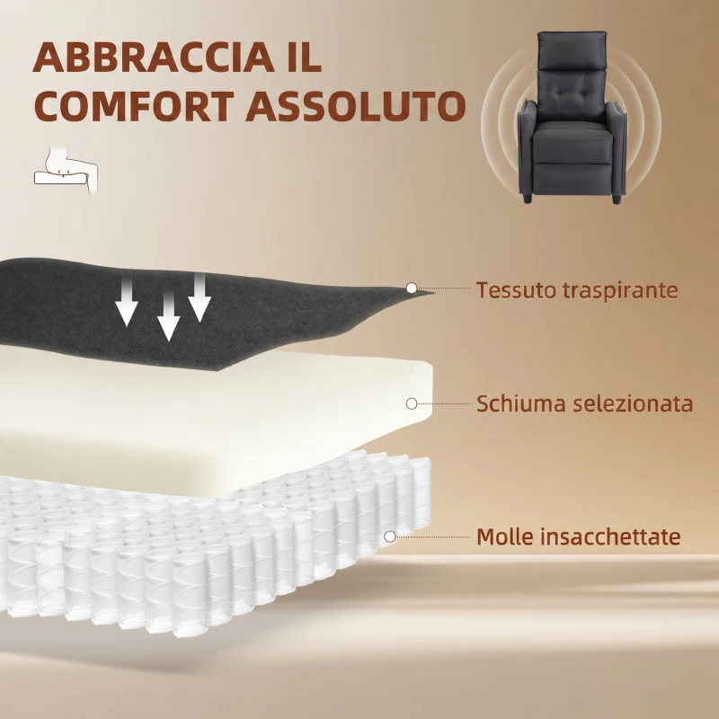 HOMCOM Poltrona Massaggiante e Reclinabile a 160° con Poggiapiedi e Telecomando, 69x93x104 cm, Effetto Lino Grigio Scuro