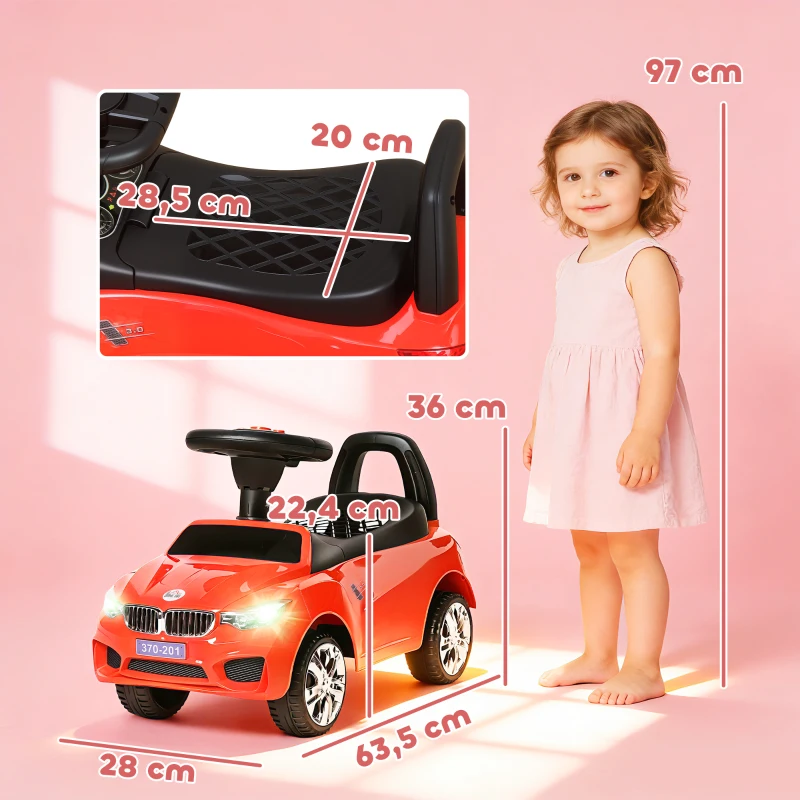 HOMCOM Porteur enfants voiture, véhicule à pousser avec coffre à jouets, klaxon, phares et musique, 63,5 x 28 x 36 cm, rouge