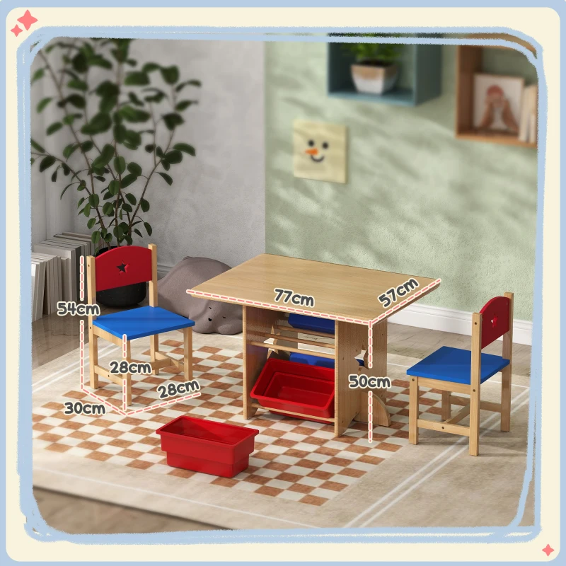 AIYAPLAY Table enfant avec 2 chaises ensemble table et chaises enfants 3 pièces en bois avec 4 bacs de rangement bois naturel