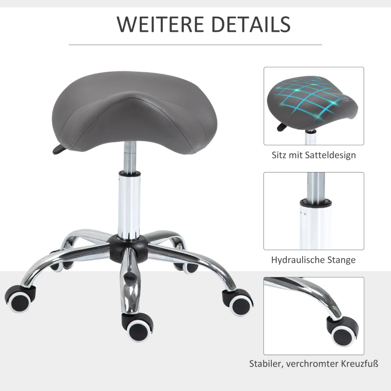 HOMCOM Rollende kruk, zadelvormige zitting, in hoogte verstelbaar, 360° draaibaar, kunstleer, donkergrijs, 53 x 52 x 49-61 cm(m-6)
