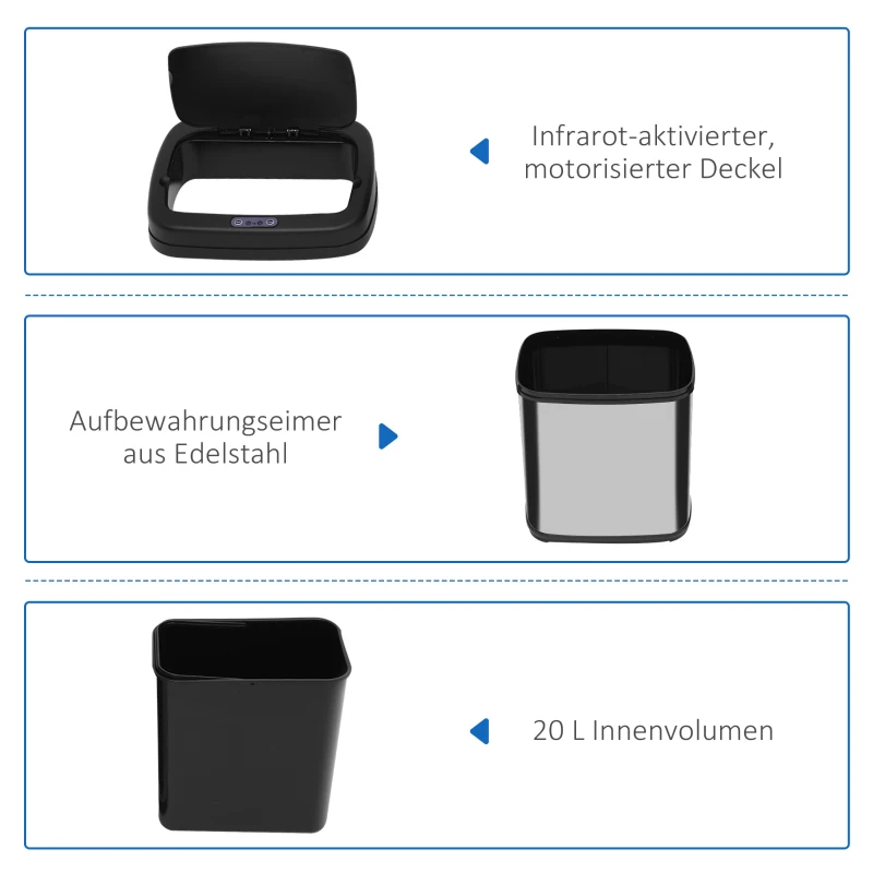 HOMCOM Sensorprullenbak 20L RVS Automatische prullenbak met bewegingssensor, binnenemmer 33 x 25 x 42,5 cm Zilver+Zwart