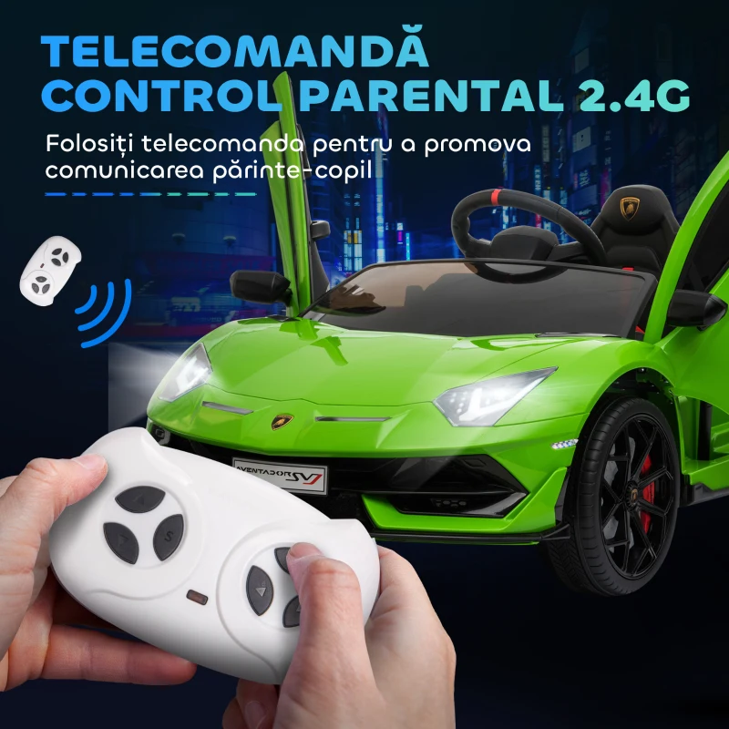 HOMCOM Mașină Electrică pentru Copii cu Telecomandă, Licență Lamborghini Aventador, Vârsta 3-8 Ani, Verde