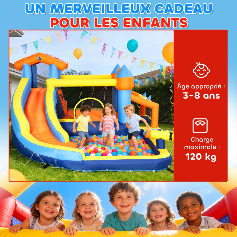 AIYAPLAY Château gonflable avec souffleur 8 en 1, parc aquatique, toboggan, trampoline, piscine à balles, multicolore
